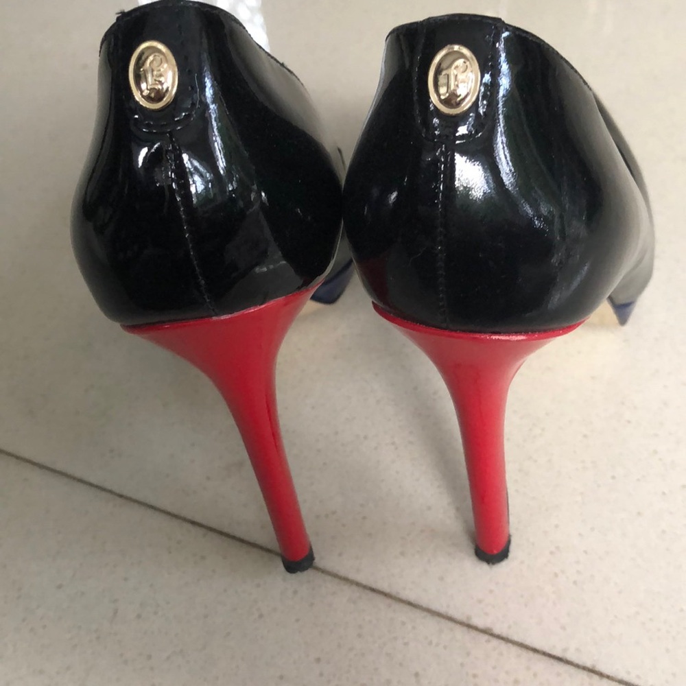 Red blue and black patent heels